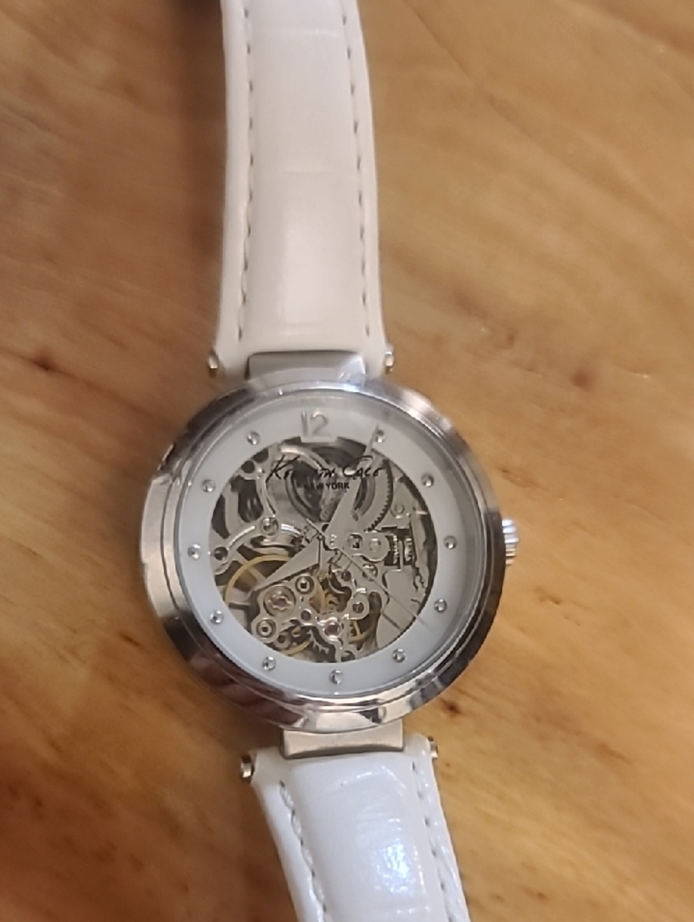 Kenneth Cole White Strap Silver Skeleton Dial Women's Automatic Watch